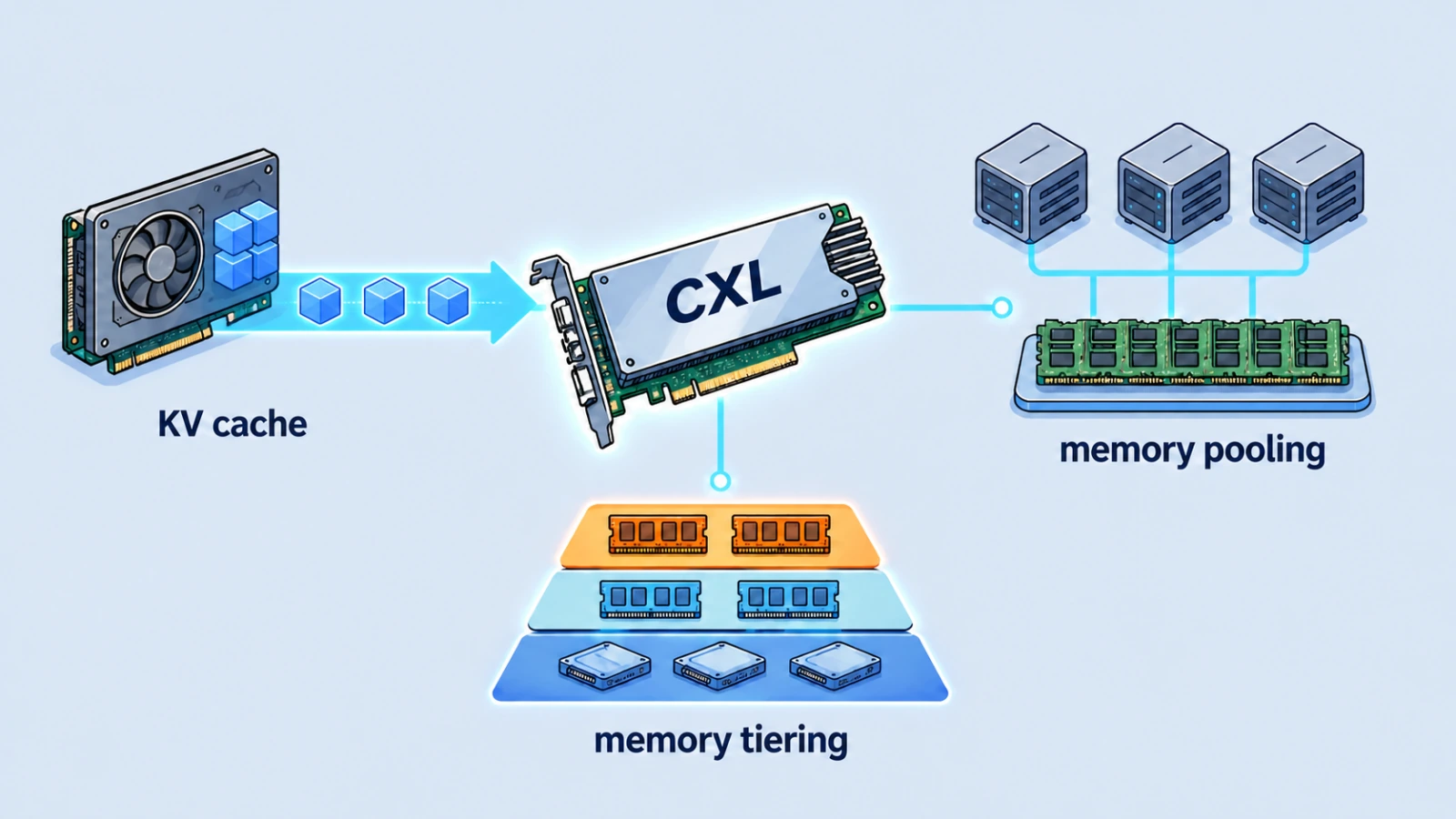 GPU HBM의 KV cache가 CXL 메모리로 offload되고, 여러 서버의 메모리 pooling과 메모리 tiering으로 이어지는 모습