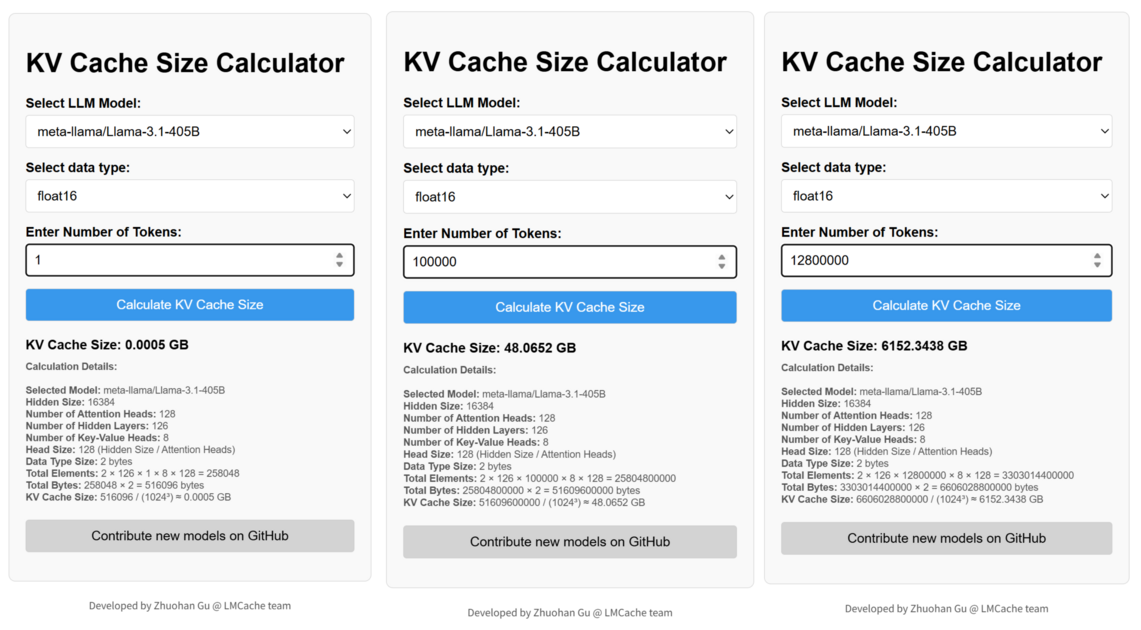 Llama 3.1 405B의 토큰 수에 따라 KV cache 용량이 516KB에서 48GB, 6TB로 증가하는 계산 결과