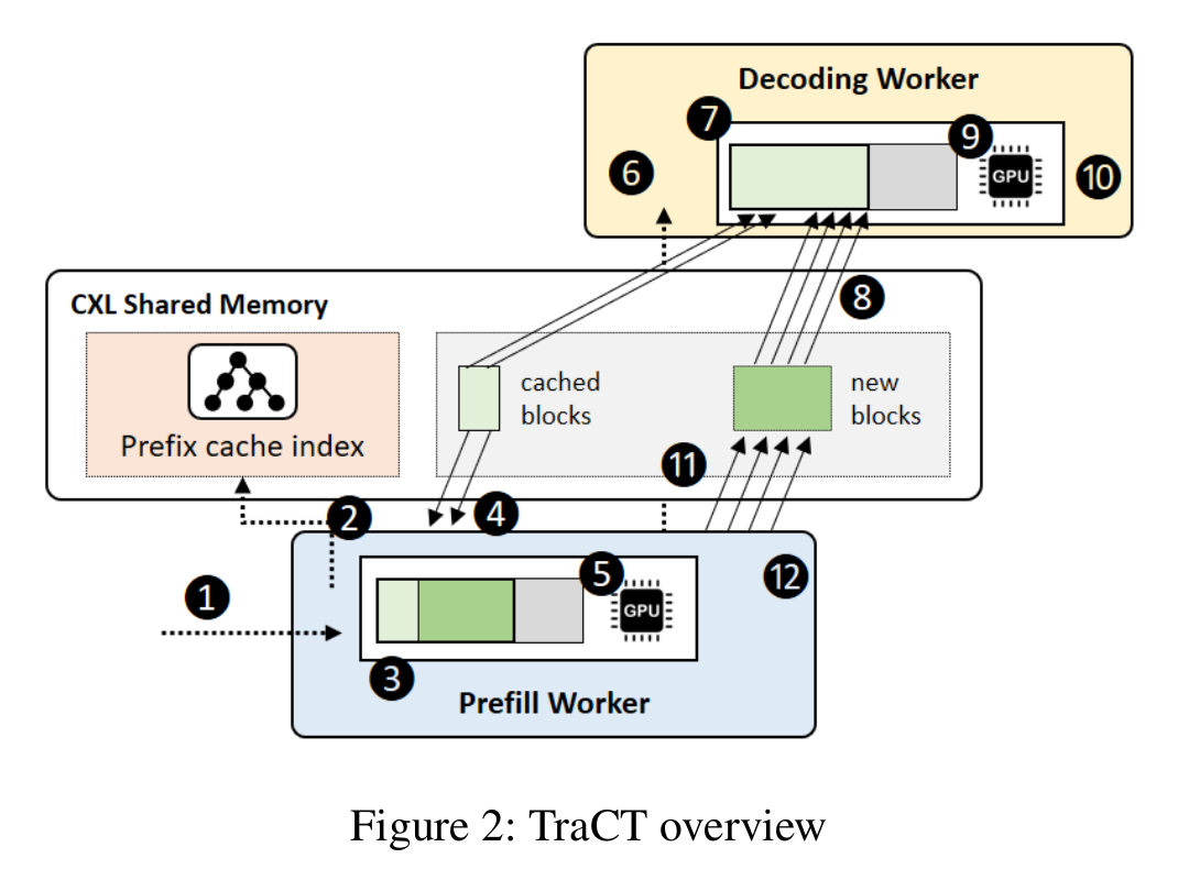 TraCT에서 CXL 공유 메모리가 prefill worker와 decoding worker 사이의 KV 전송 공간과 prefix cache로 동작하는 구조