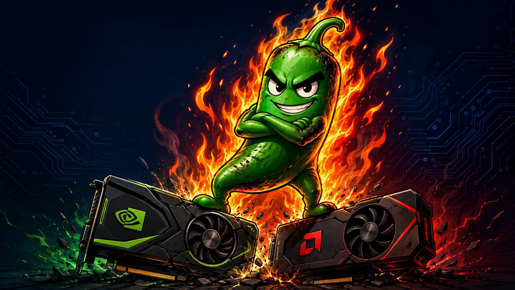 불타는 할라피뇨 캐릭터가 NVIDIA와 AMD GPU 위에 서 있는 모습