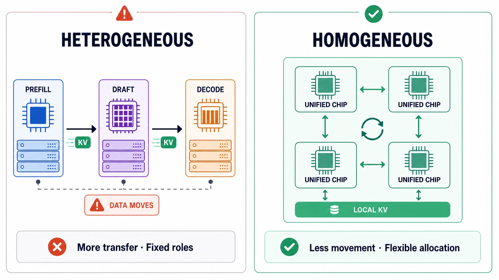 역할이 고정된 heterogeneous system과 자원을 유연하게 배분하는 homogeneous system 비교