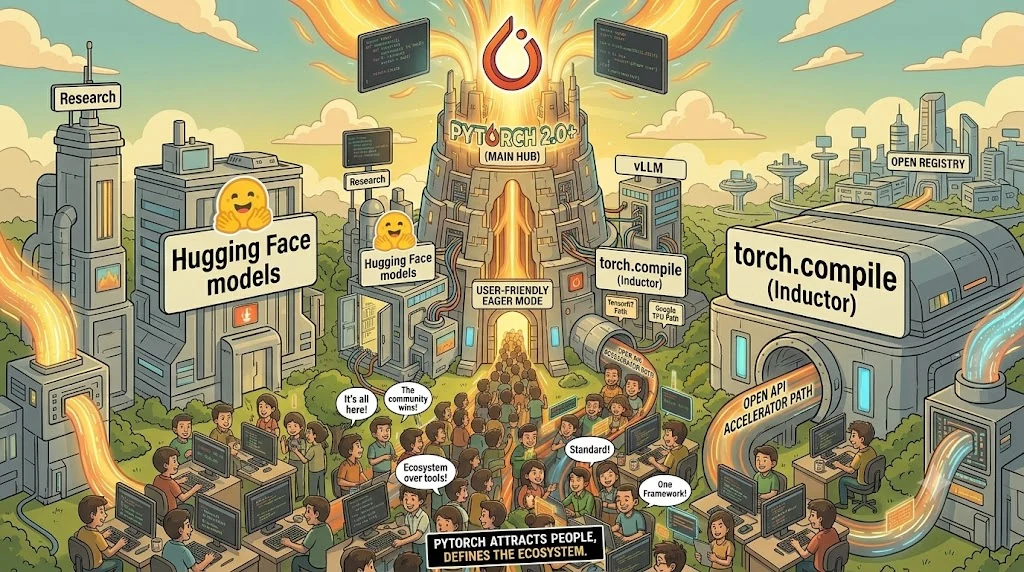 PyTorch를 중심 허브로 그린 생태계 일러스트. 가운데 PyTorch 건물의 쓰기 쉬운 실행 방식 입구로 개발자들이 줄지어 들어가고, 주변으로 Hugging Face 모델, 연구, vLLM, torch.compile(Inductor) 건물과 가속기로 이어지는 통로가 늘어서 있다