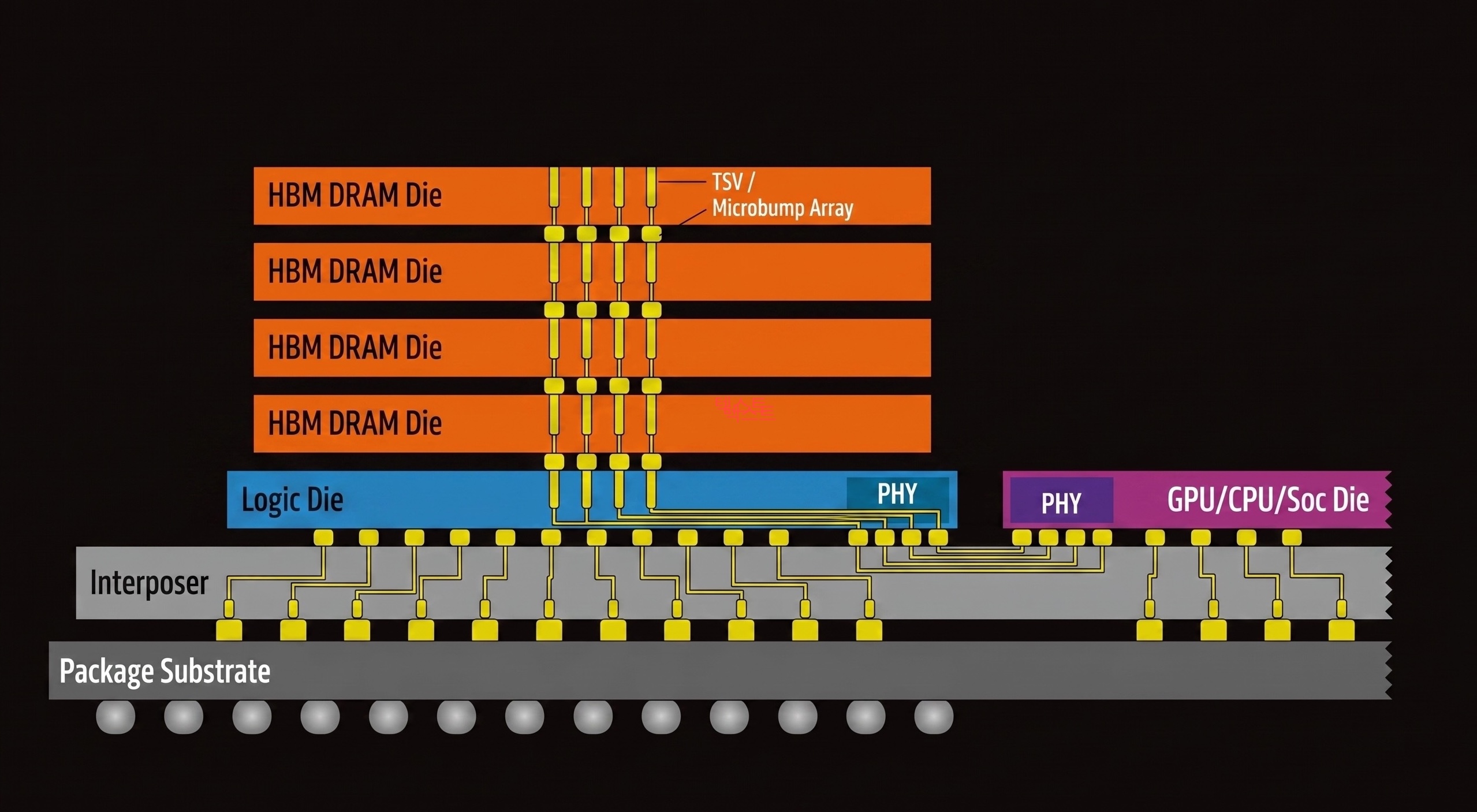 HBM 스택 단면도 - TSV로 연결된 DRAM 다이 적층과 인터포저 위 GPU 배치